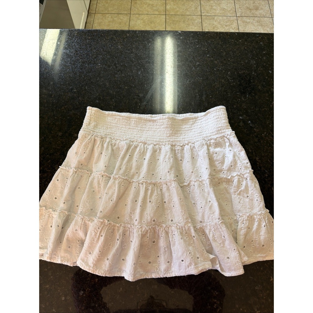 American Eagle White Eyelet Laced Tiered Mini Skirt Linen Sz XL Stretch Waist